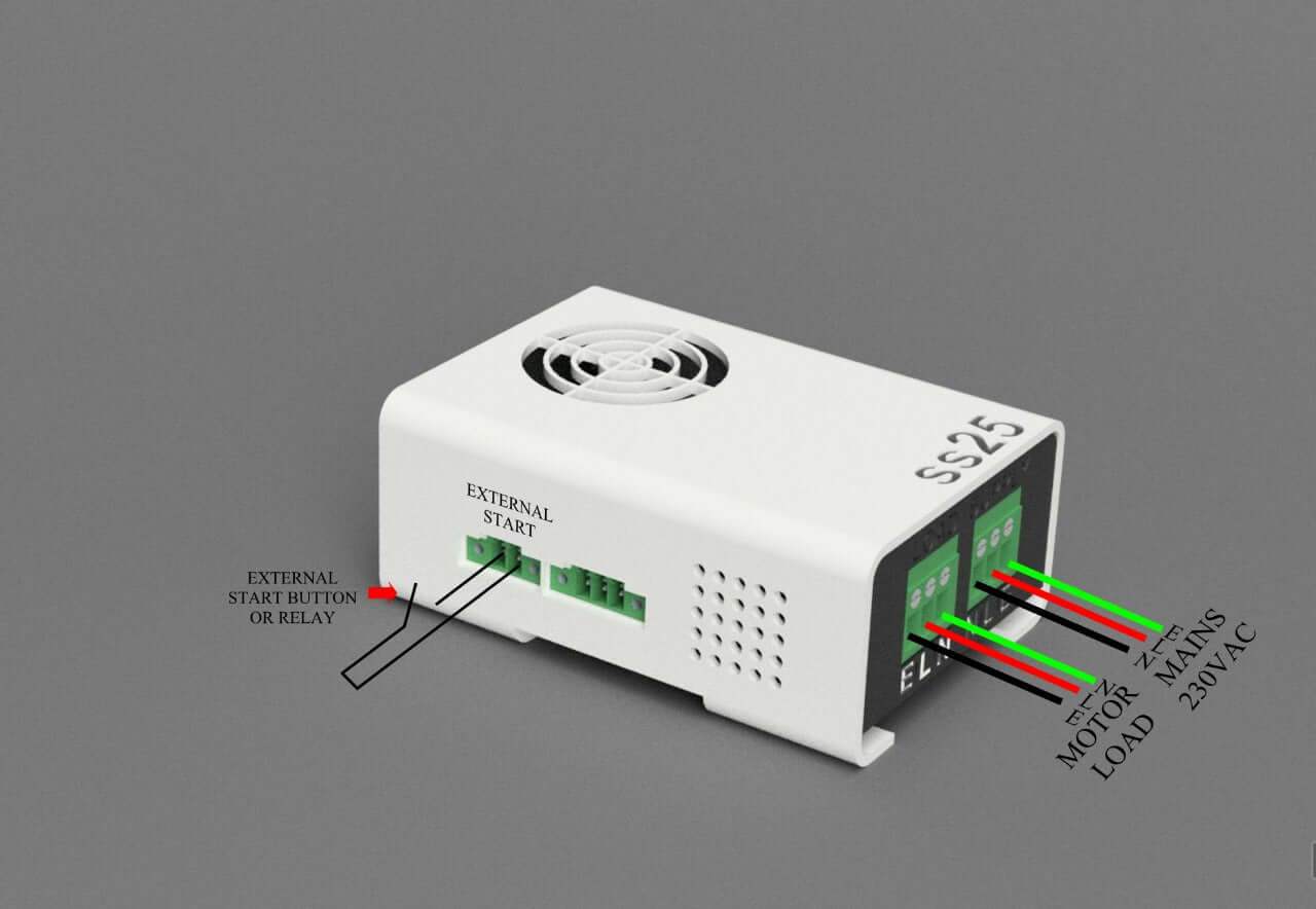 Single Phase Soft Starter SG25 with wiring connections and labeled external start feature for motor control.