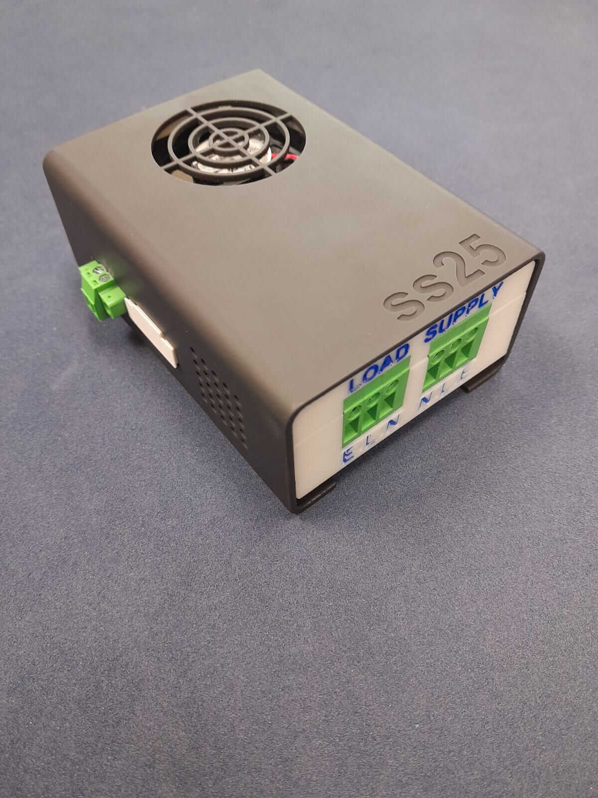 Single Phase Soft Starter SS25 with load supply connectors and built-in cooling fan.