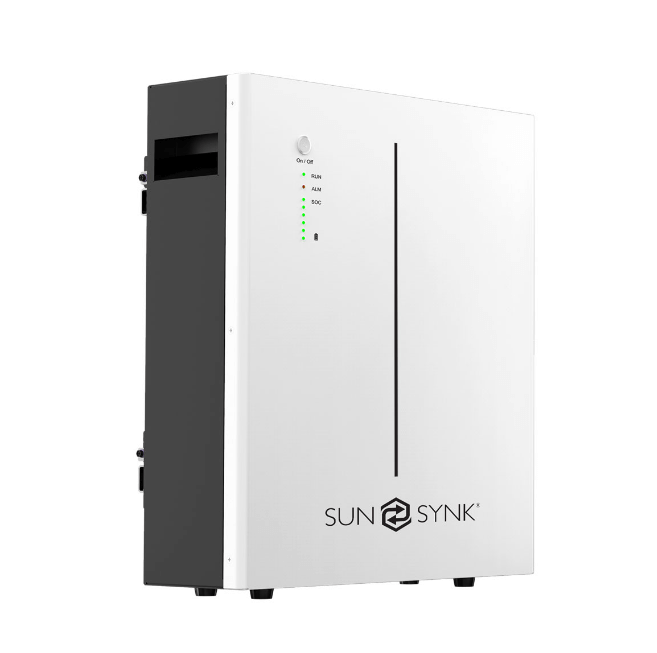Sunsynk Battery LFP Wall Mount 5.32kWh, 51.2V with LED display, model SUN-BATT-5.32, eco-friendly energy solution.